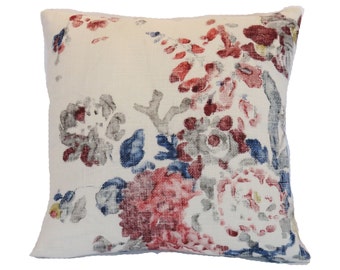 Jardin Summer Floral Pillow Cover, Ralph Lauren Fabric, 17 - 18" Square, Linen Blend, Watercolor print in Cream, Red, Blue