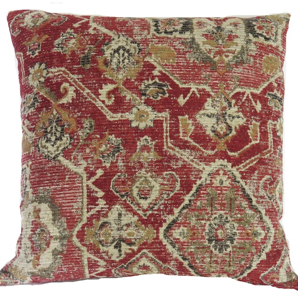 Barn Red, Gold & Grey Kilim Pattern Pillow Cover, 17" - 18" Sq, Heavy Turkish Carpet or Southwest Medallion Style