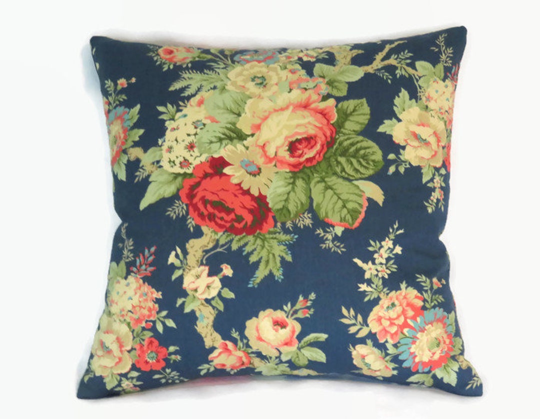 Blue Rose Pillow Cover 17 Square Cotton Waverly Etsy