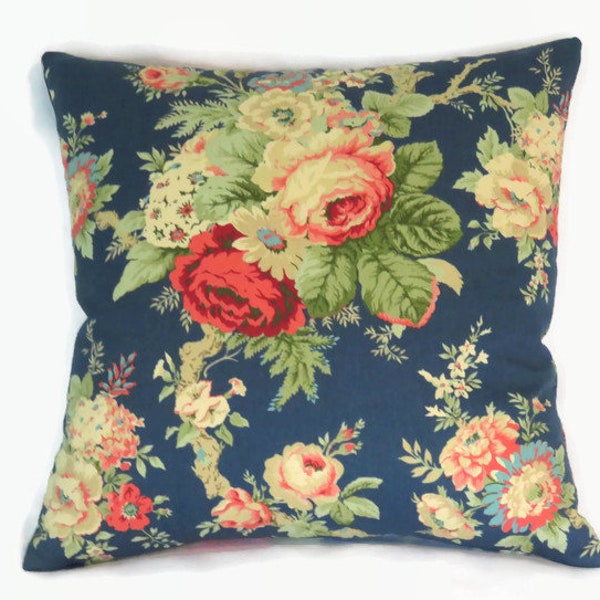 Blue Rose Pillow Cover, 15 - 16" Square Cotton, Waverly Sanctuary, Norfolk, Country Farmhouse Floral in Navy, Red, Pink, Green