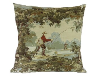 Fly Fishing Toile Pillow Cover, 19" - 20" Square, Covington Avondale Scenic Print, Olive Ivory Blue Gold, Cream Linen on Back