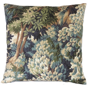 Green Forest Pillow Cover, 17 - 18" Square, Trees & Leaves, Cotton Print of Verdure Tapestry in Teal, Olive, Brown, Blue Tones