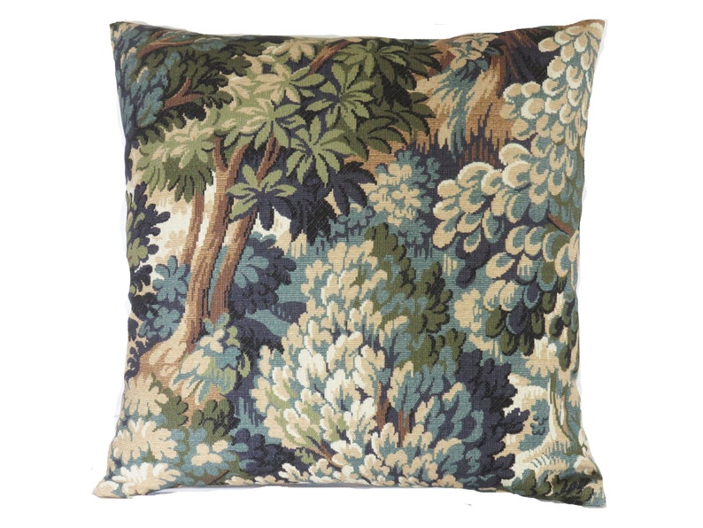 Green Forest Pillow Cover, 17 18 Square, Trees & Leaves, Cotton Print of Verdure Tapestry in Teal, Olive, Brown, Blue Tones image 1