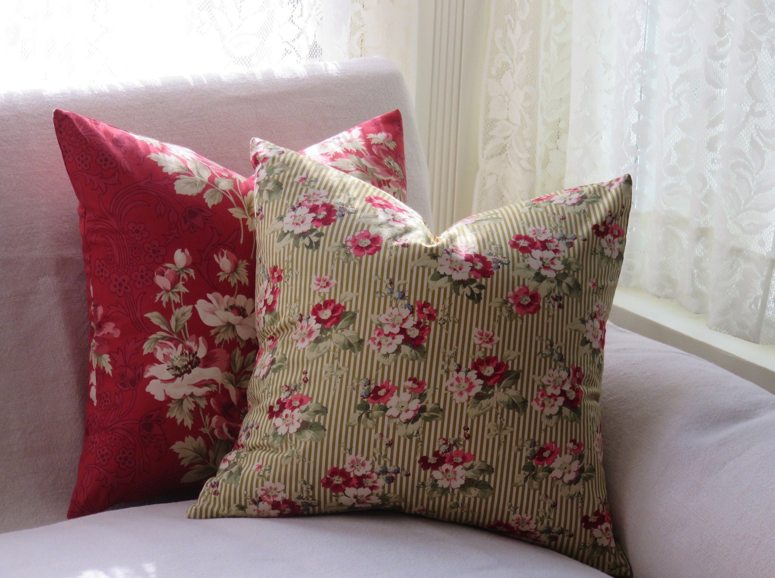 Retro Red Floral Pillow Cover 17 18 Lightweight Etsy