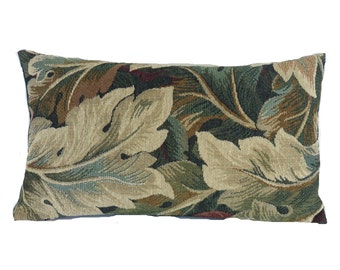 Acanthus Leaf Tapestry Pillow Cover,  11 x 19" Lumbar, Vintage Look Verdure Green, Teal Velvet Back