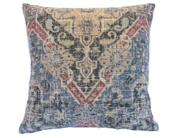 Blue Red Tan Kilim Motif Chenille Pillow Cover, 17"- 18" Square, Carpet Style, Southwest Decor