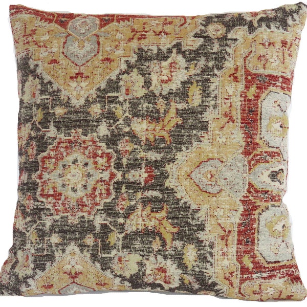 Grey Rust Gold Kilim Motif Chenille Pillow Cover, 17"- 18" Square, Carpet Style, Southwest Decor