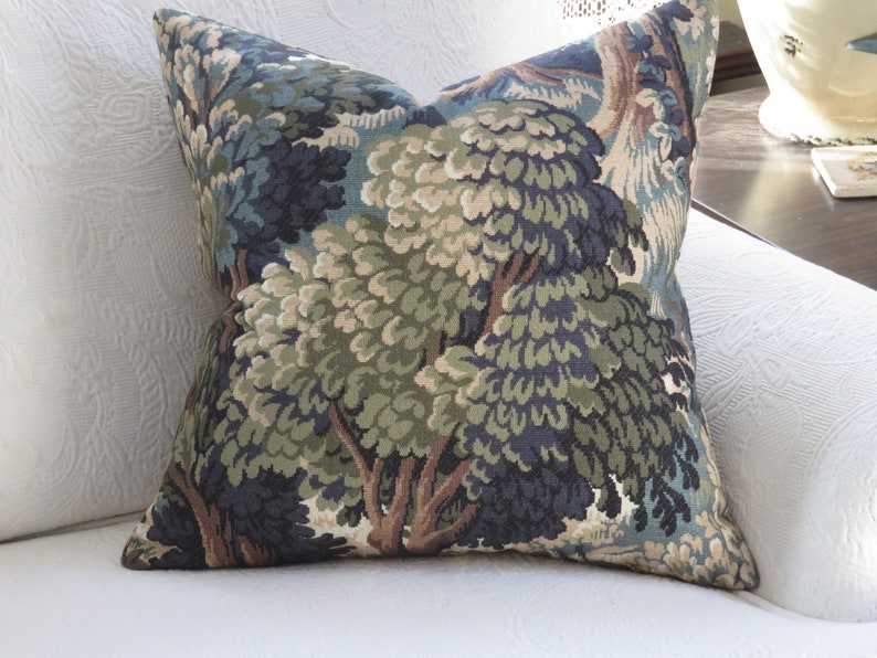 Green Forest Pillow Cover, 17 18 Square, Trees & Leaves, Cotton Print of Verdure Tapestry in Teal, Olive, Brown, Blue Tones image 9