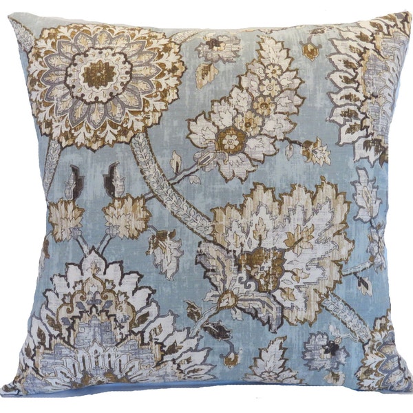 Dusty Blue, Brown, Tan Indienne Floral Pillow Cover, 17" - 18" Square, All Cotton Medallion Print, Waverly Castleford in Moonstone