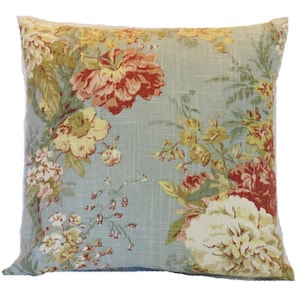 Blue Farmhouse Floral Pillow Cover, Discontinued Waverly Ballad Bouquet Robins Egg, 17&quot; - 18&quot; Sq