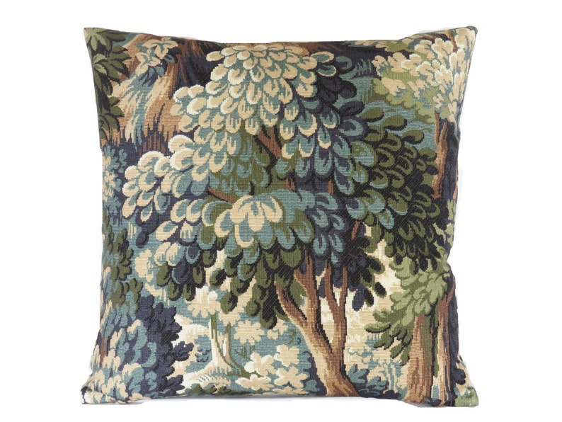 Green Forest Pillow Cover, 17 Square, Trees & Leaves, Cotton Print of Verdure Tapestry in Teal, Olive, Brown, Blue Tones image 4