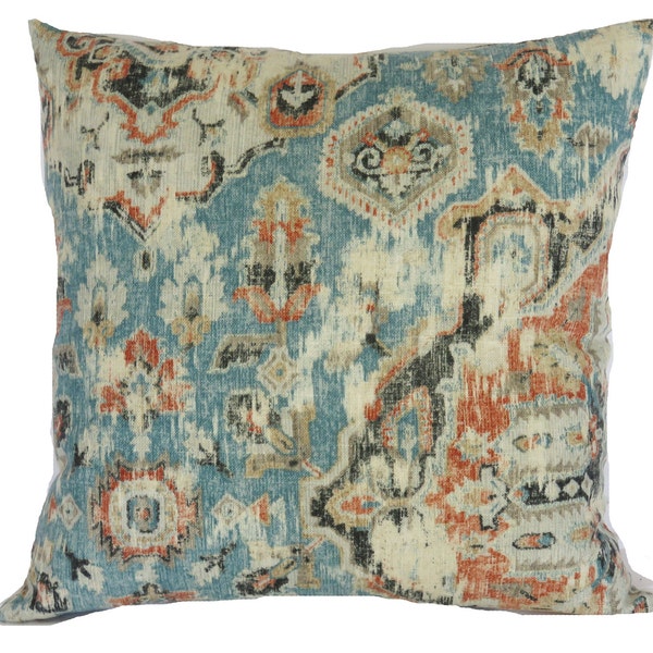 Turquoise and Orange Southwest Medallion Pillow Cover, Covington Massimo in Mineral, 17" - 18" Sq. , Linen Blend Moroccan Style, Distressed