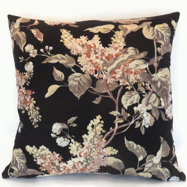 Black and Blush Barkcloth Pillow Cover, 17" - 18" Cotton, Vintage Mauve Pink Lilac Floral Print