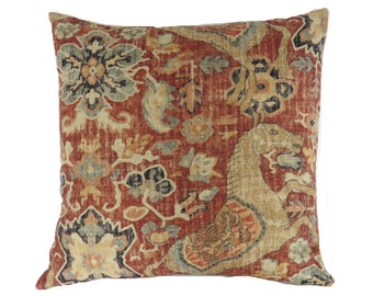 Rusty Red Asian Horse Pillow Cover, 17" - 18" Sq, Linen Blend Print with Gold, Navy Blue, Grey and Terracotta Tones