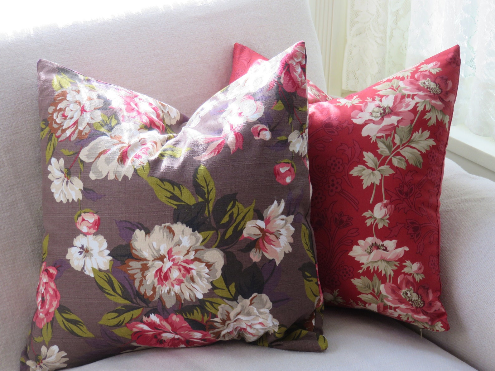 Retro Red Floral Pillow Cover 17 18 Lightweight Etsy