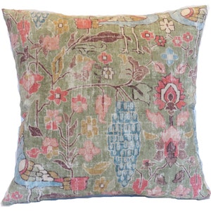 Green and Pink Kilim Style Print Pillow Cover, 17 x 17" Square , Floral and Birds, Kaufmann  Locanda in Celery, Blue, Gold