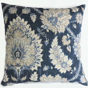 Navy Blue Jacobean Floral Pillow Cover: Waverly Castleford Cotton Print