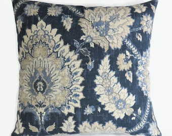 Navy Blue, Tan, Cream Jacobean Floral Pillow Cover, 17" - 18" Square, Cotton Medallion Print, Waverly Castleford Indigo