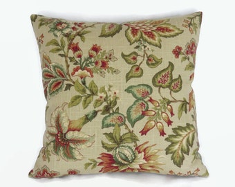 Tan Rust and Teal Jacobean Floral Pillow Cover, 17 - 18" Square Linen Blend, Autumn Indienne Flowers