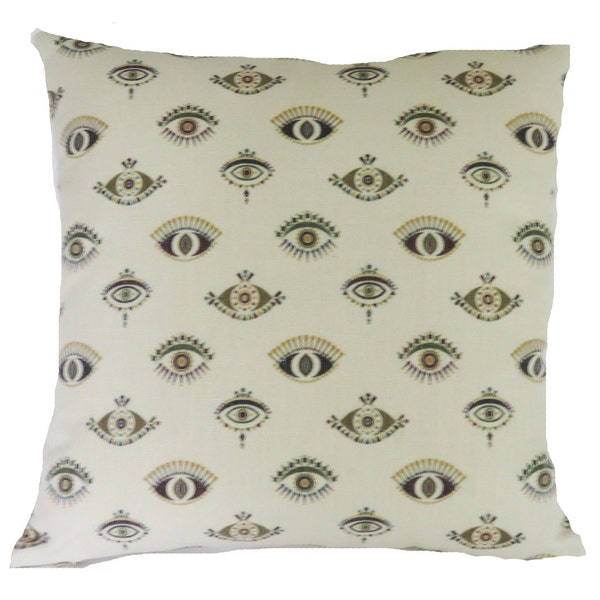 Egyptian Evil Eye Pillow Cover, 17" - 18" Square with Zipper, Linen Blend, Natural Cream with Olive, Gold, Purple, Blue