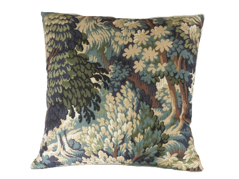 Green Forest Pillow Cover, 17 18 Square, Trees & Leaves, Cotton Print of Verdure Tapestry in Teal, Olive, Brown, Blue Tones image 3