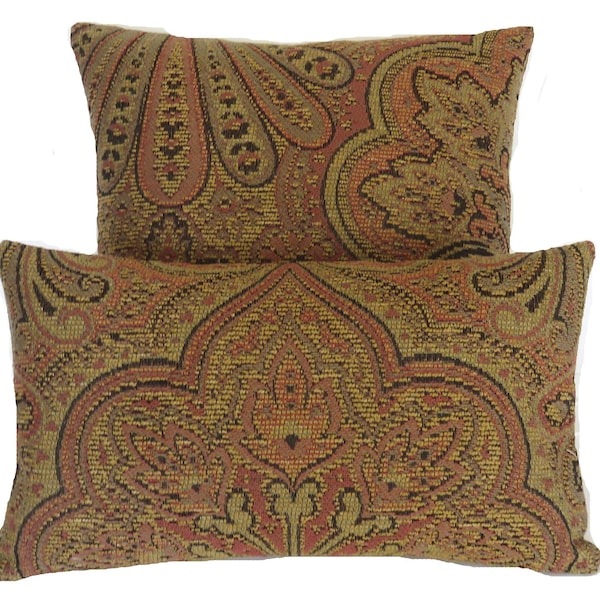 Terracotta and Taupe Paisley Pillow Cover, 17" - 18" Square,  Chunky Large Scale Carpet Style Upholstery Tapestry