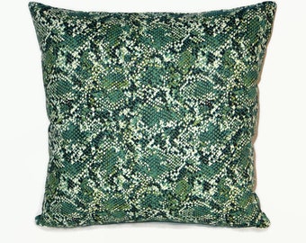 Green Snake Skin Print Pillow Cover, Trompe L'Oeil Reptile, 17" Square Cotton, Zipper Cover Only, Dorm Decor