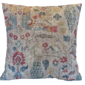 Taupe Beige Kilim Style Print Pillow Cover, 17" - 18" , Floral and Birds, Kaufmann  Locanda in Beech, Tan, Red, Blue, Gold