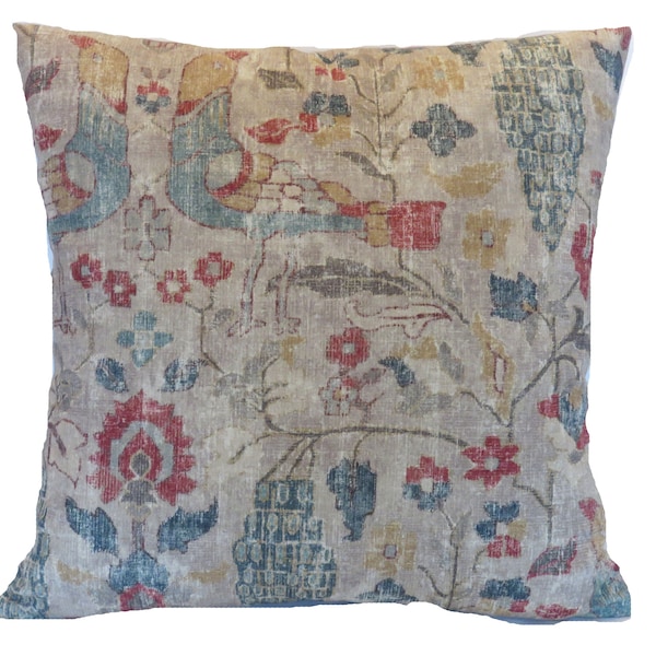 Taupe Beige Kilim Style Print Pillow Cover, 17" - 18" , Floral and Birds, Kaufmann  Locanda in Beech, Tan, Red, Blue, Gold