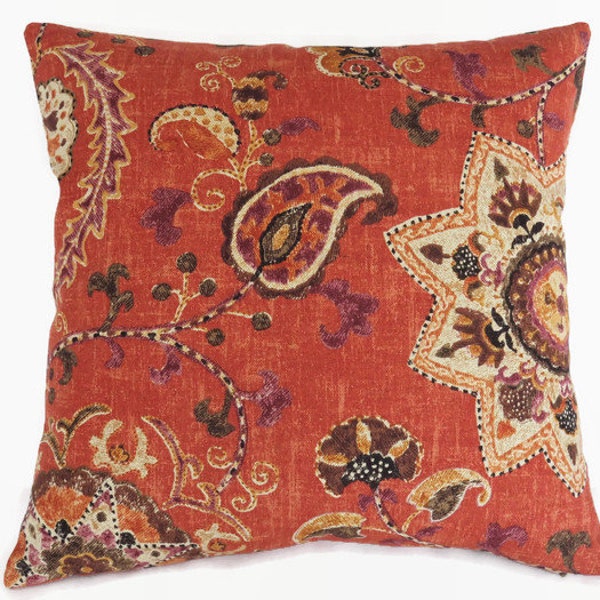 Orange Suzani Floral Pillow Cover,  17" - 18" Square, Rust, Purple, Brown, Tan, Colorful Paisley Cotton, P Kaufmann Soumak Persimmon