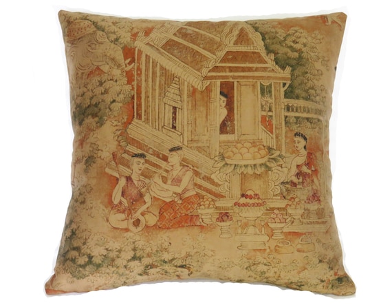 Thai Pictorial Pillow Cover Jims Dream in Gold by Jim Thompson Company Silk Cotton Weaving Scene Etsy