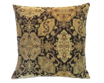 Black and Gold Brocade Kilim Pillow Cover,  17" Square,  Satin Medallion Motif