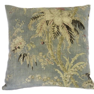 Swedish Blue Floral Linen Pillow Cover: Vintage Indienne Style (17x17")