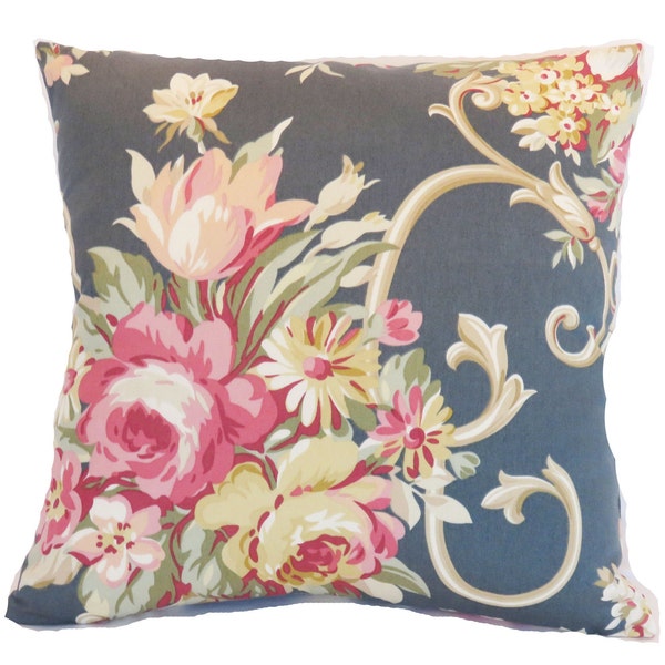 Blue Floral Pillow Cover, 17" - 18" Sq. Cushion, Large Scale Bouquet and Flourishes in Pink, Gold, Green