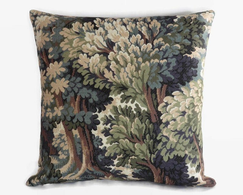 Green Forest Pillow Cover, 17 Square, Trees & Leaves, Cotton Print of Verdure Tapestry in Teal, Olive, Brown, Blue Tones image 5