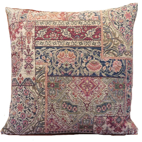 Carpet Style Tapestry Pillow, 17"  18" Square, Tan, Green, Red, Orange, Navy Blue, Vintage Look Chenille