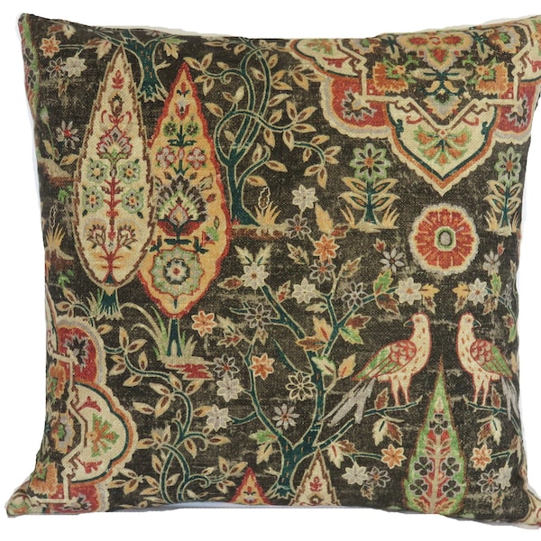 Grey and Colorful Print Pillow Cover, 17" - 18" , Weathered Distressed, Floral and Birds, Kaufmann Wanderer in Nutmeg