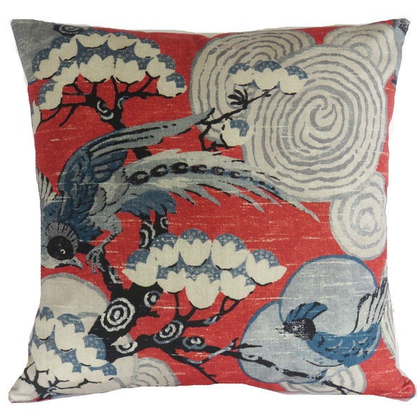 Red Asian Birds Pillow Cover, 17 - 18" Square, Trees and Clouds, Scarlet, Blue, Grey Tones