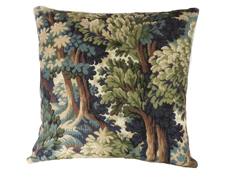 Green Forest Pillow Cover, 17 Square, Trees & Leaves, Cotton Print of Verdure Tapestry in Teal, Olive, Brown, Blue Tones image 2