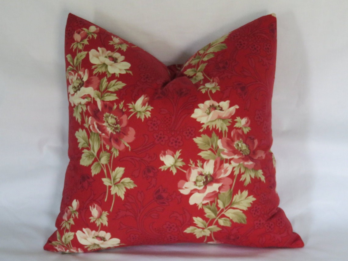 Retro Red Floral Pillow Cover 17 18 Lightweight Etsy