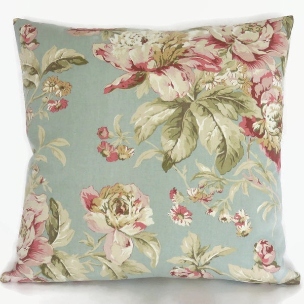 Blue and Pink Floral Pillow Cover, Waverly Fleuretta in Mist, Robins Egg, Vintage Look, 17" Cotton Square, Garden Peonies