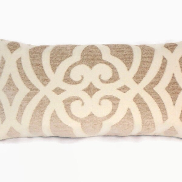 Tan and Ivory Chenille Lattice Throw Pillow Cover,  10x20" Rectangle Heavy Soft Cotton Blend Medallion Trellis