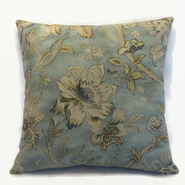Blue Floral Pillow Cover, 17" Square, Large Jacobean Flowers, Linen Blend in Tan, Azure, Brown, Green