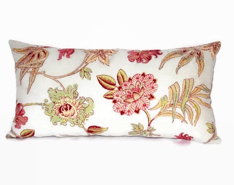 Pale Blue Floral Pillow Cover, 12 x 24 " Linen,  Lumbar Rectangle Shape, Red Pink Green Flowers