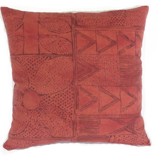 Rust Block Print Pillow Cover, 17" - 18" Sq. Cotton, Tribal Batik Motif