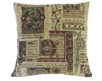 Tapestry Pillow Cover: Medieval Illuminated Script, Renaissance Decor (17-18" Square