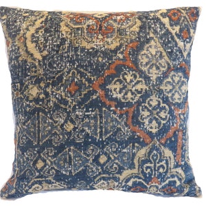 Royal Blue and Orange Kilim Motif Pillow Cover, 17" - 18" Square,  Carpet Style Chenille Tapestry