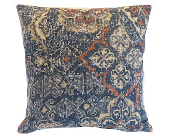 Royal Blue and Orange Kilim Motif Pillow Cover, 17" - 18" Square,  Carpet Style Chenille Tapestry