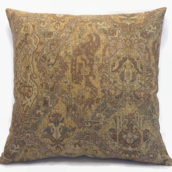 Gold, Brown, Teal Oriental Carpet Print Pillow Cover, Linen Blend 17" Sq, Ellen Beach Knoll Golden, Southwest, Boho, Moroccan Decor