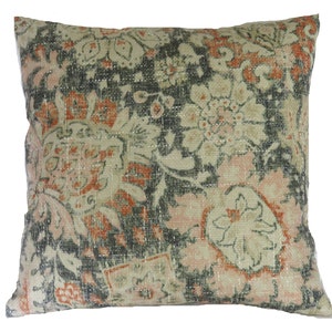 Floral Heriz Pillow Cover: Denim Blue & Terracotta, Distressed Print (17&quot;-18&quot; Sq)